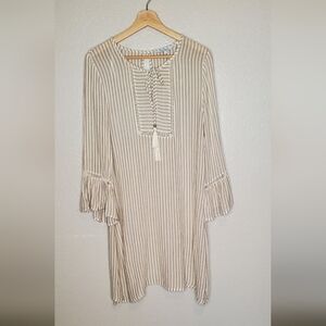 💚5/$25 Blue Island Beige & White Striped Topan Beach Tunic Tassel Boho Dress